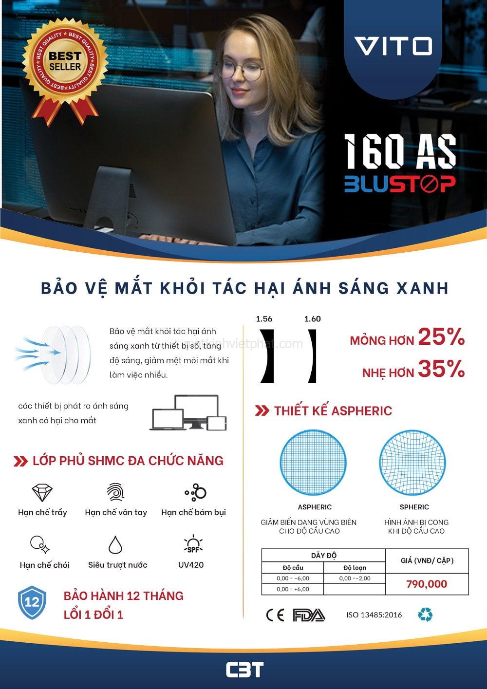 Tròng Kính Chống Ánh Sáng Xanh Vito Blustop 1.60 AS 8 Tròng Kính Chống Ánh Sáng Xanh Vito Blustop 1.60 AS