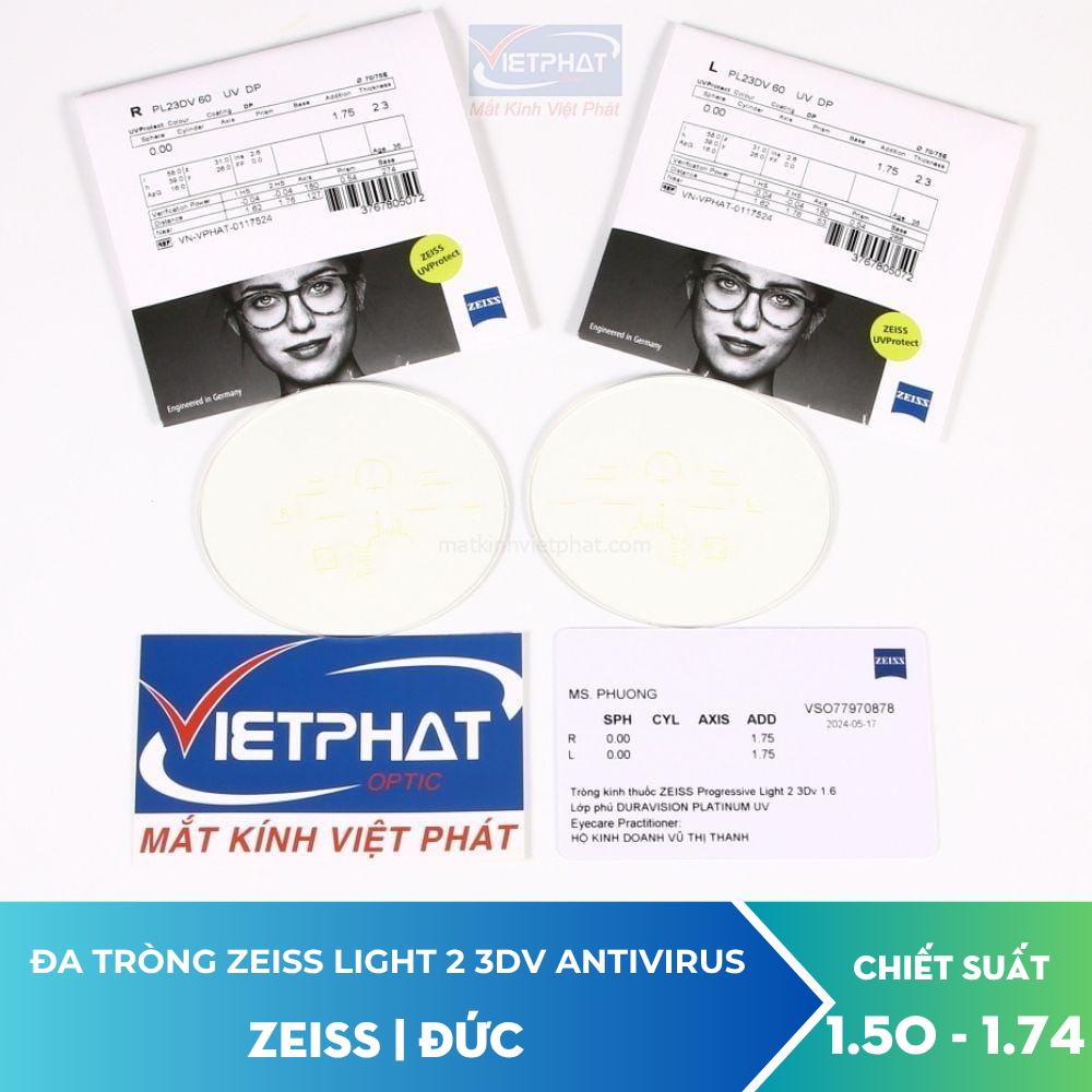 Kính Đa Tròng ZEISS Progressive Light 2 3Dv DuraVision AntiVirus Platinum UV