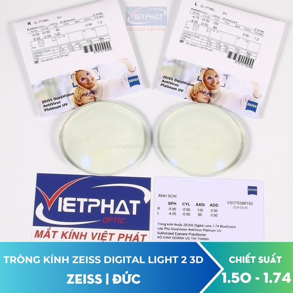 Tròng kính ZEISS Digital Light 2 3D DuraVision Antivirus Platinum UV BlueGuard